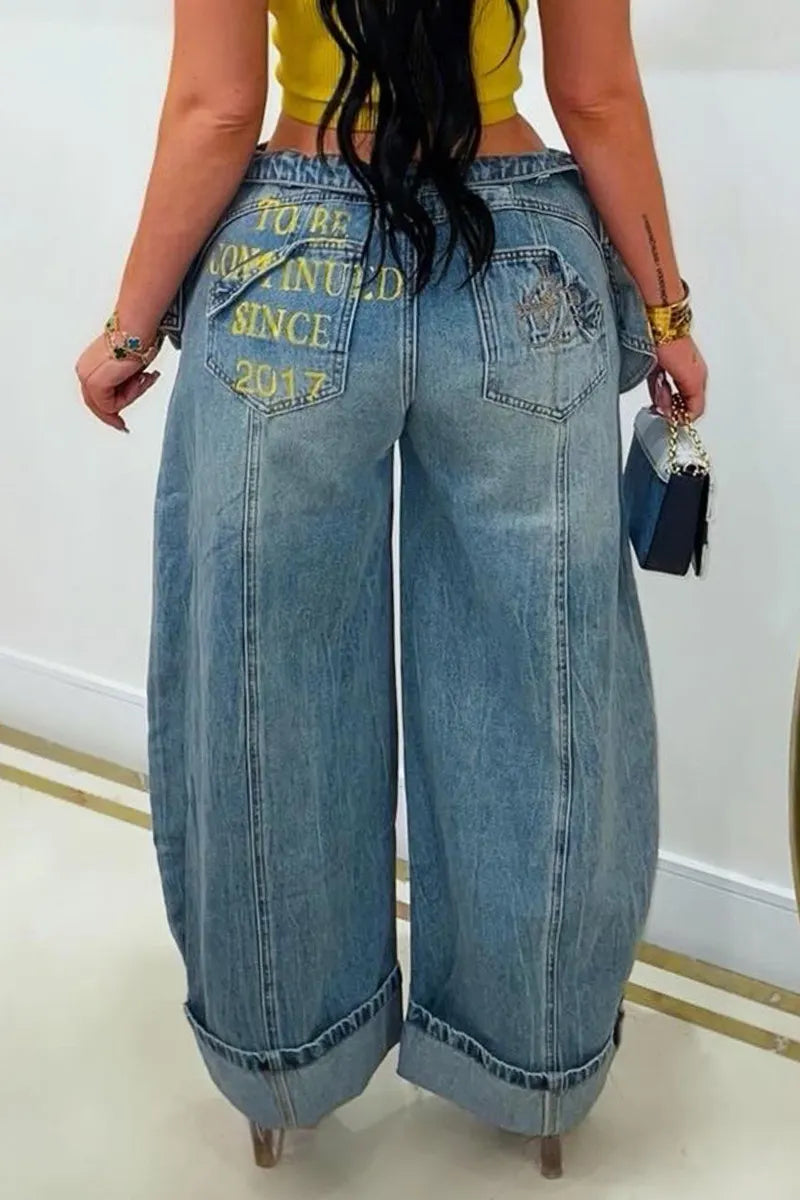 Women's Fashion Double Layer Waistband Design Jeans
