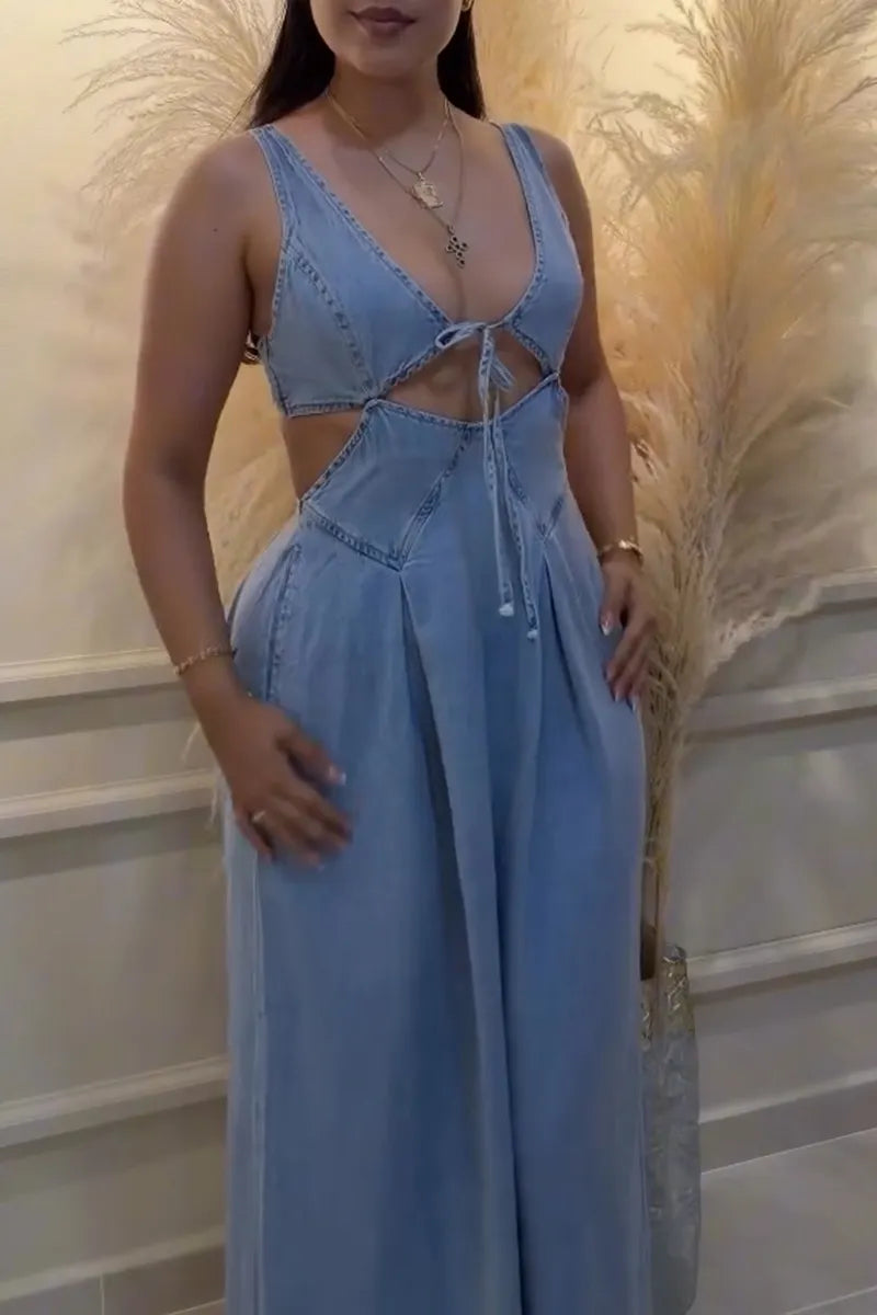 Women's Casual Waist Cut-Out Denim Wide Leg Jumpsuit