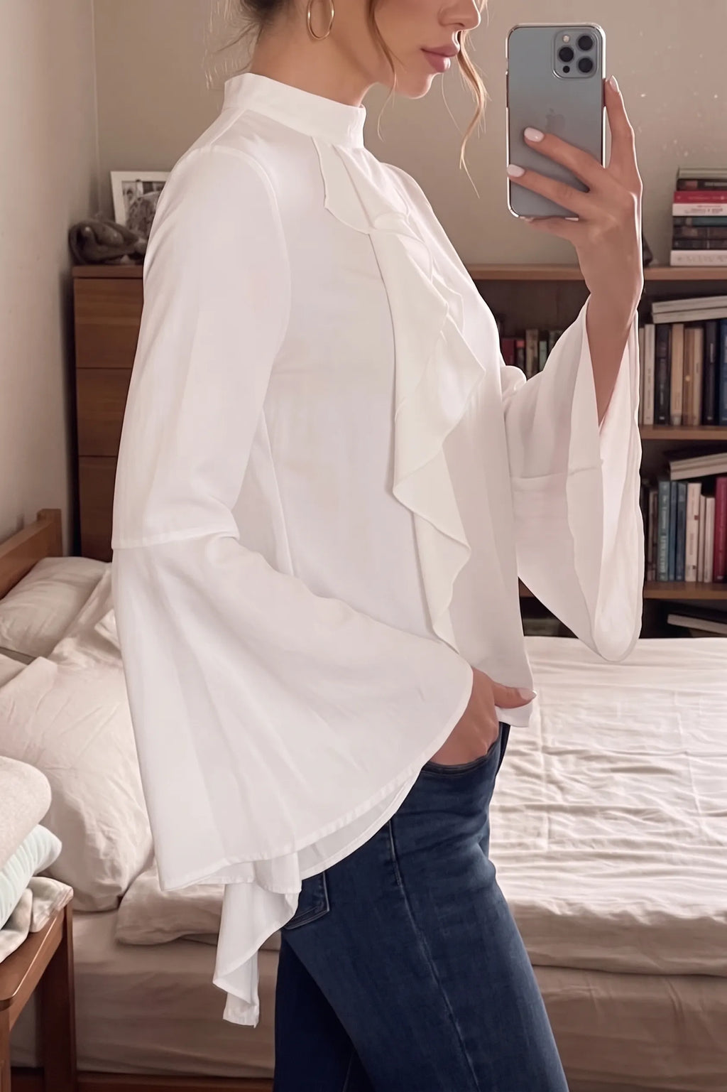 Women's Elegant Mock Neck Flare Sleeve Blouse Waterfall Ruffle Front Long Bell Sleeve Work Office Tops Dressy Casual Shirts