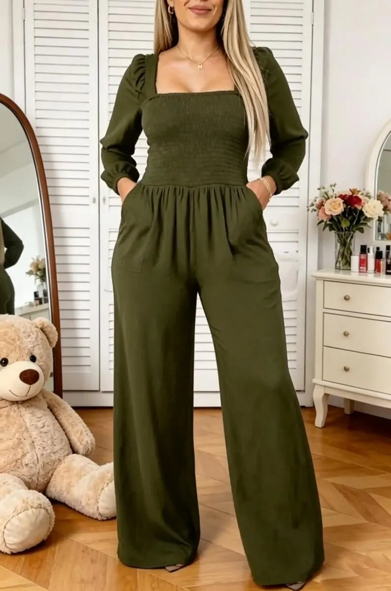 Women's Square Collar Splicing Solid Color Casual Jumpsuit