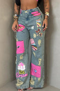 Women's Casual Cartoon Sequin Patch Washed Jeans