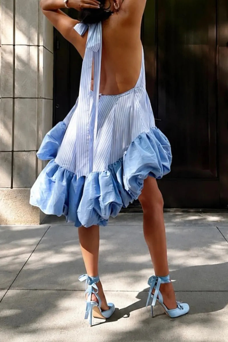 Women's Fashion Balloon Hem Patchwork Backless Striped Dress