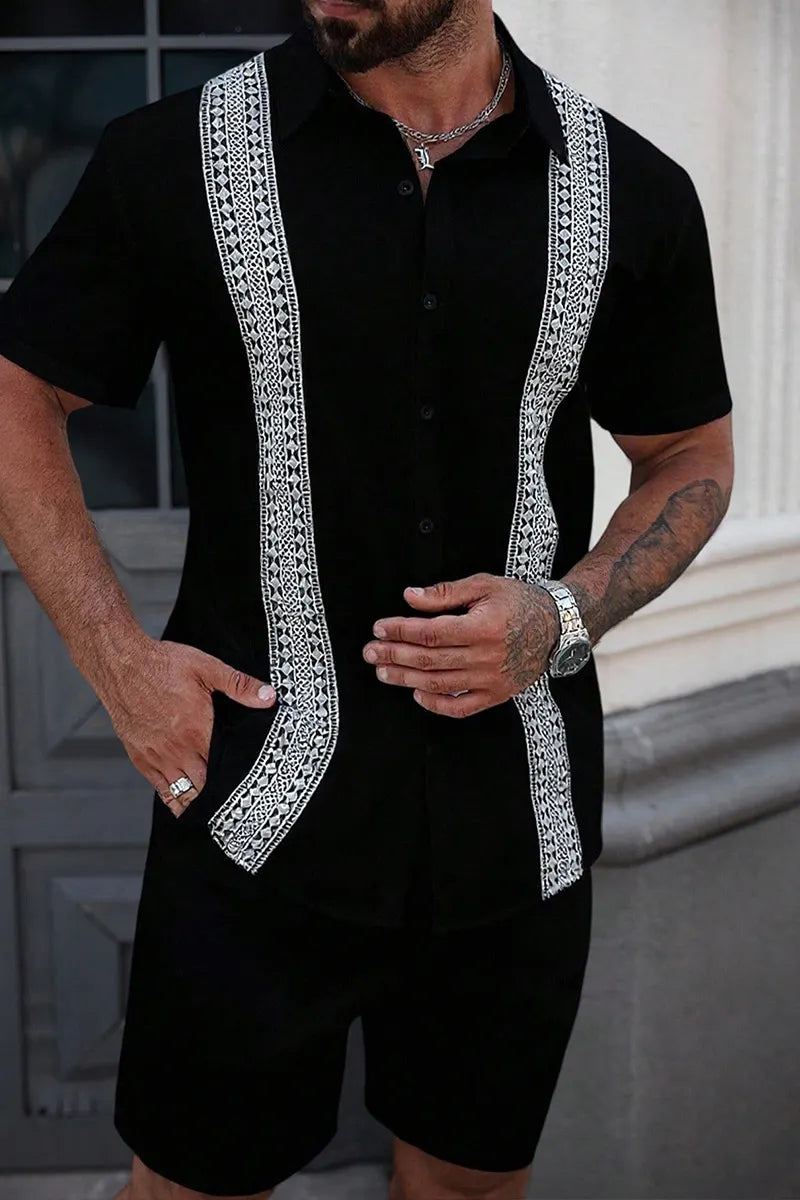 Men's Casual Contrast Color Lace Trim Shirt, Summer