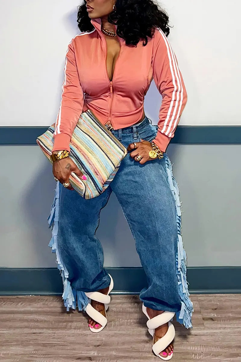 Women's Casual Side Fringe Decoration Wide Leg Jeans