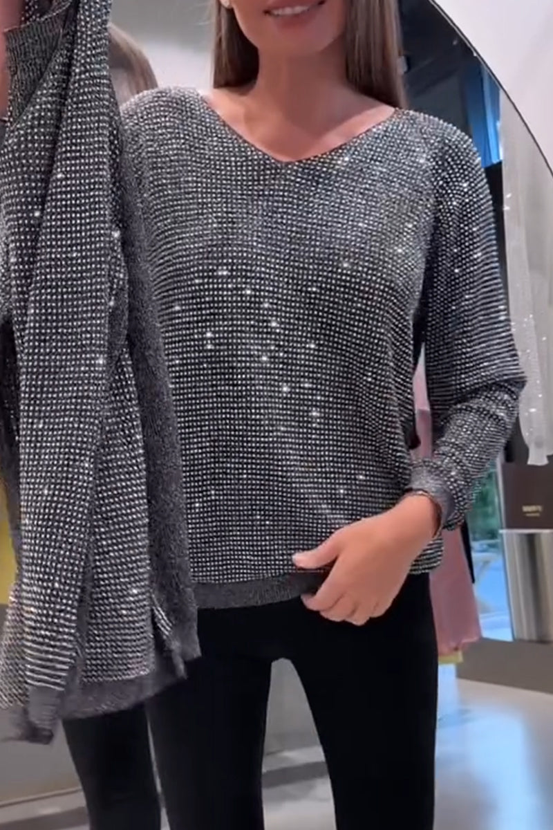 Women's V-neck Rhinestone Shiny Casual Top