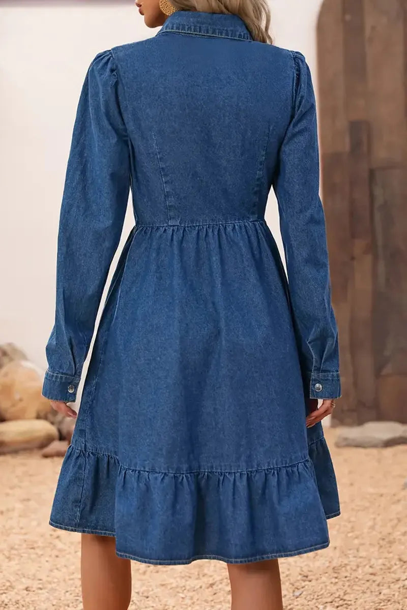 Casual Lapel Ruffle Hem Panel Denim Dress
