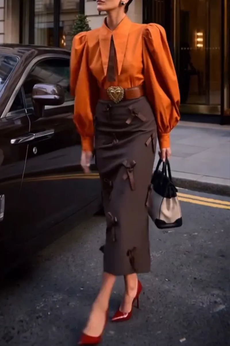 Women's Fashion Elegant Commuter Puff Sleeve Shirt or Bow Skirt