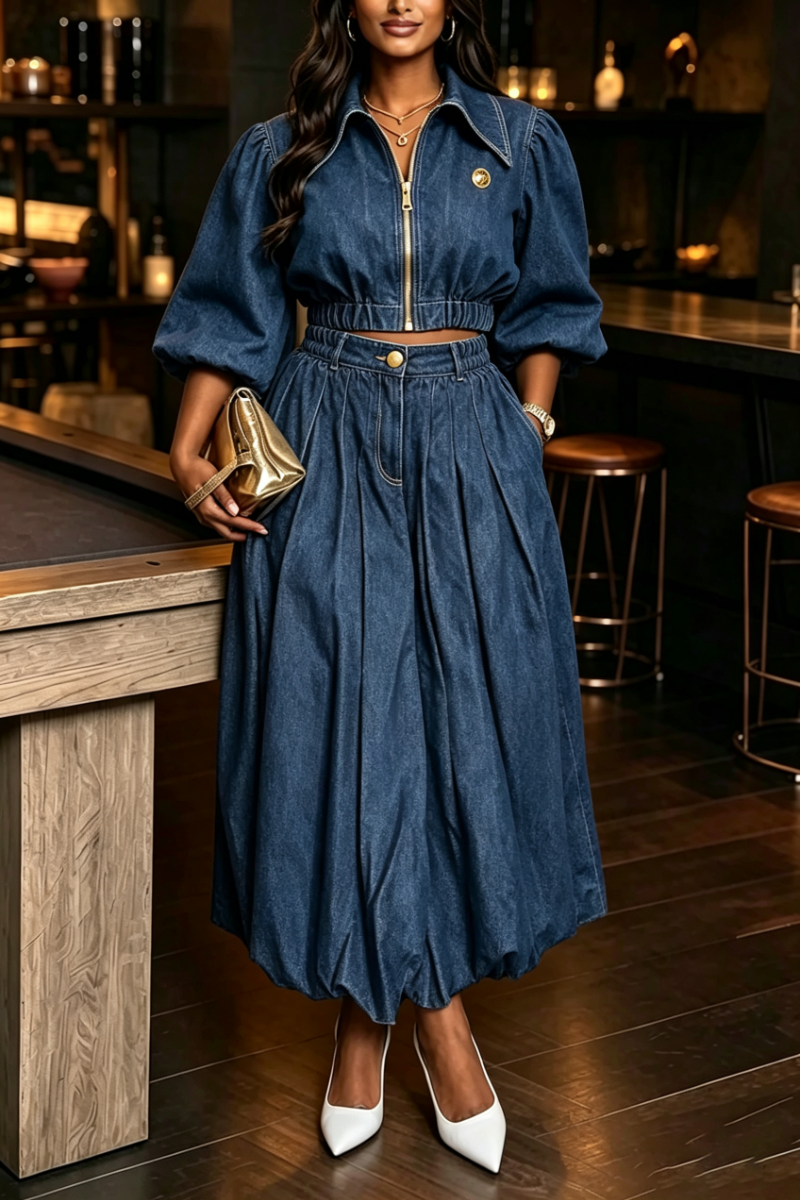 Women's Casual Collar Denim Short Jacket or Denim Half Skirt
