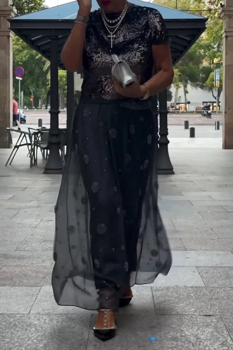 Women's Round Neck Sequined Top or Rhinestone Patterned Patchwork Skirt