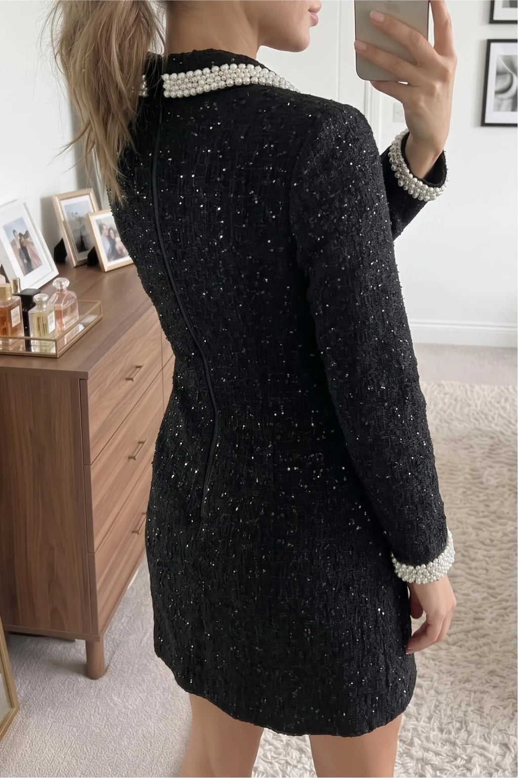 Women's Elegant Tweed Mini Dress Long Sleeve Pearl Beaded Trim Button Down Slim Fit Collared Shirt Dress with Pockets