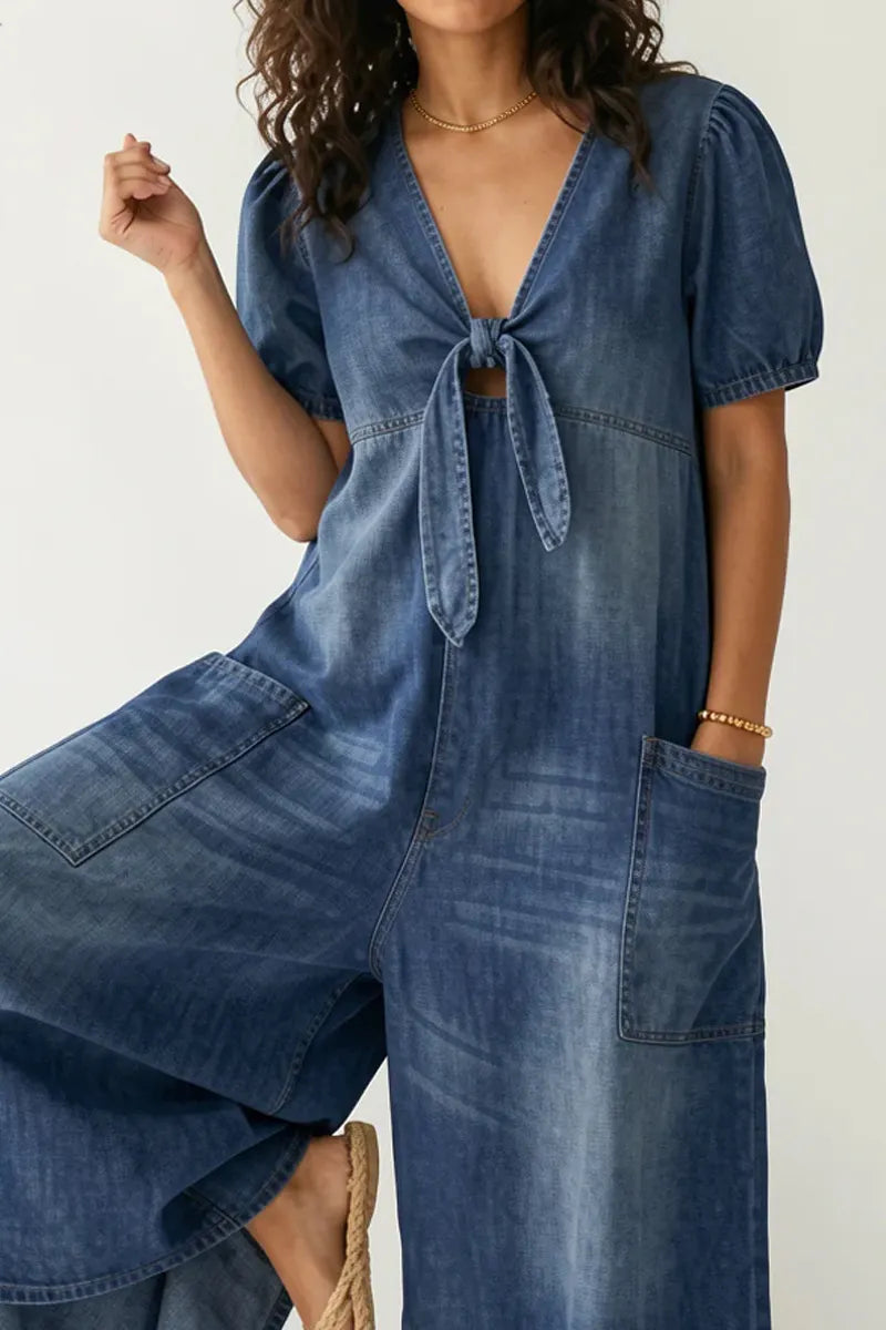 Ladies' Casual Loose Short Sleeved V-Neck Denim Jumpsuit