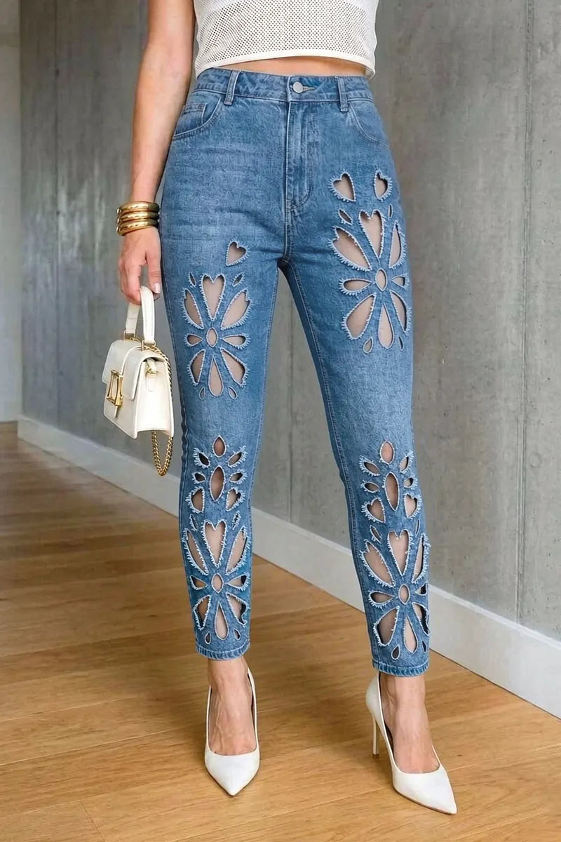 Women's Chic High Waist Floral Cutout Blue Skinny Jeans