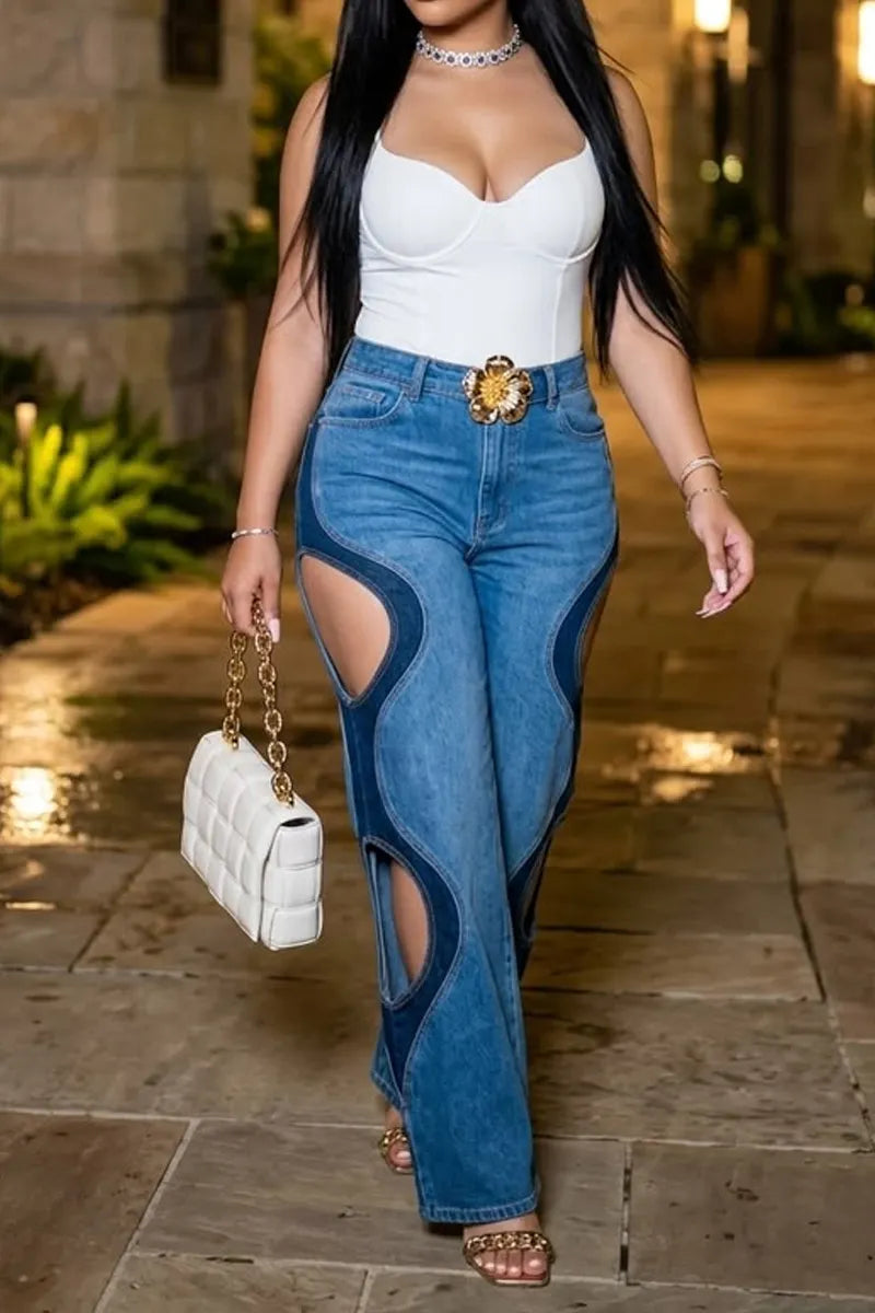 Women Streetwear Two Tone Wave Hollow Out Stretch Wide Leg Jeans
