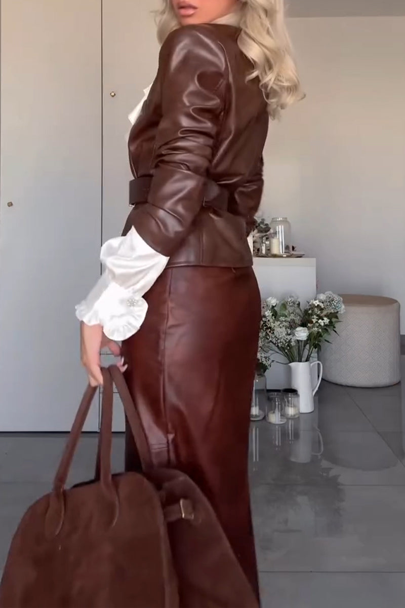 Women's Elegant Lapel Leather Jacket with Belt or Skirt
