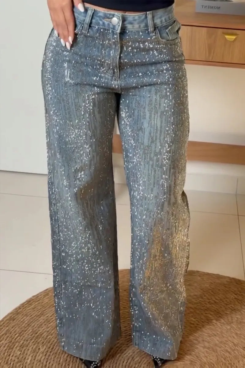 Women's Fashion Party Shiny Rhinestone Wide Leg Jeans