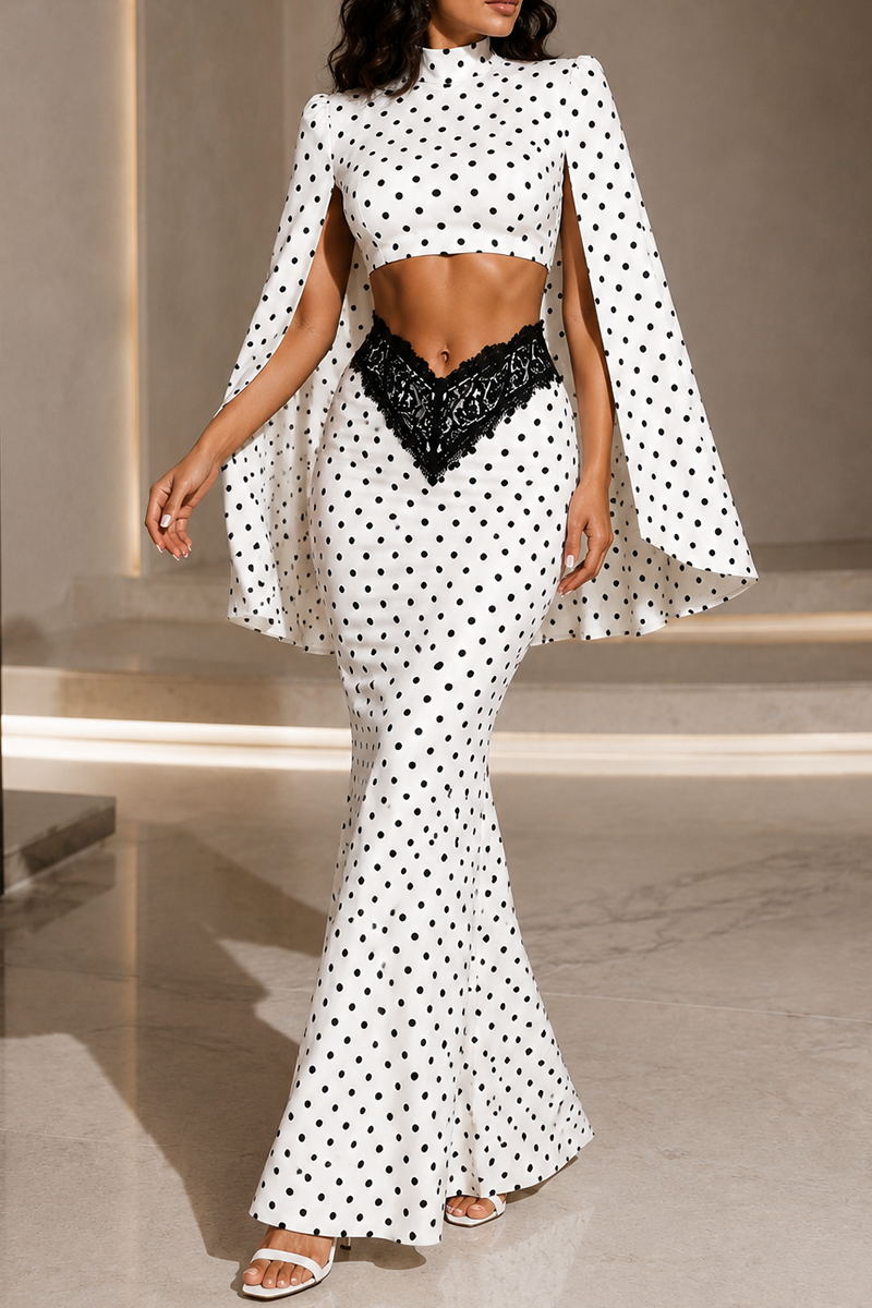 Polka Dot Cape Sleeve Crop Top & Lace Detail Mermaid Maxi Skirt Set