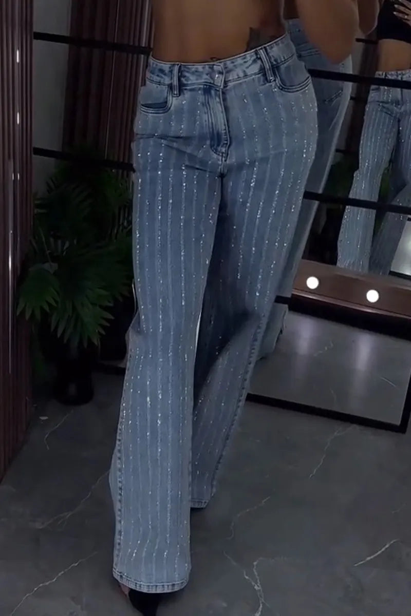 Women's Designer Line Rhinestone Wide Leg Jeans