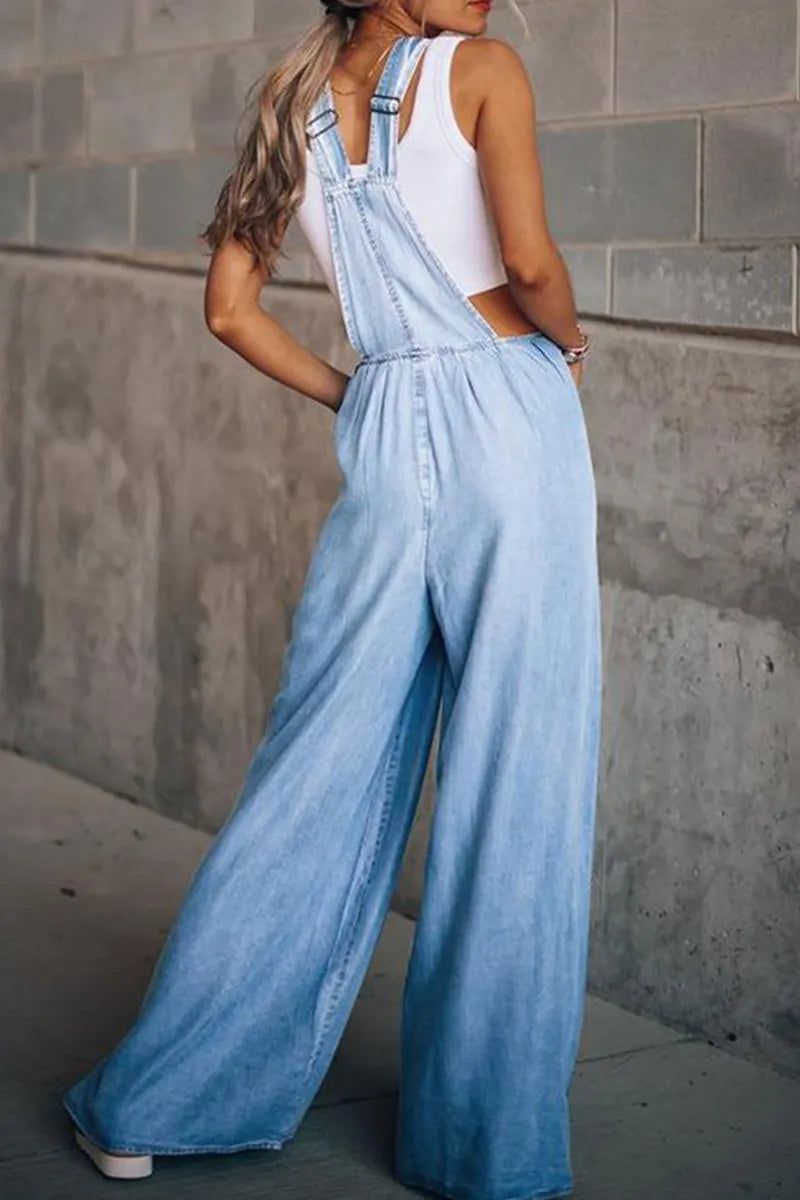 Women's Loose Fit Side Pocket Sleeveless Denim Overalls