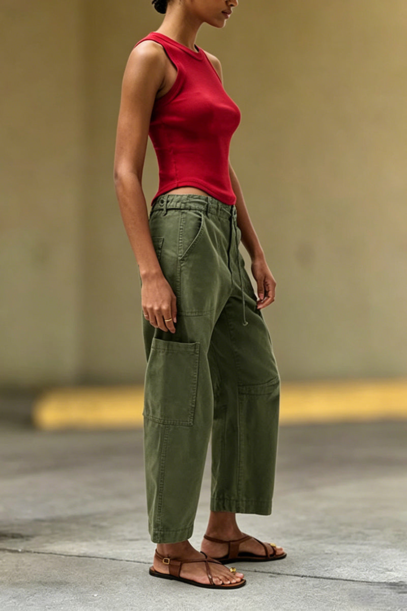 Women's Casual Versatile Waist Drawstring Trim Barrel Jeans