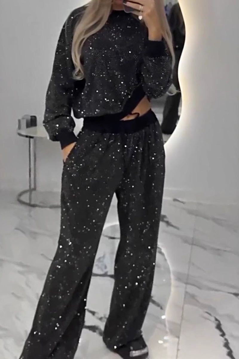 Ladies' Glittering Starry Sky Loose Top + Drawstring Pants Set