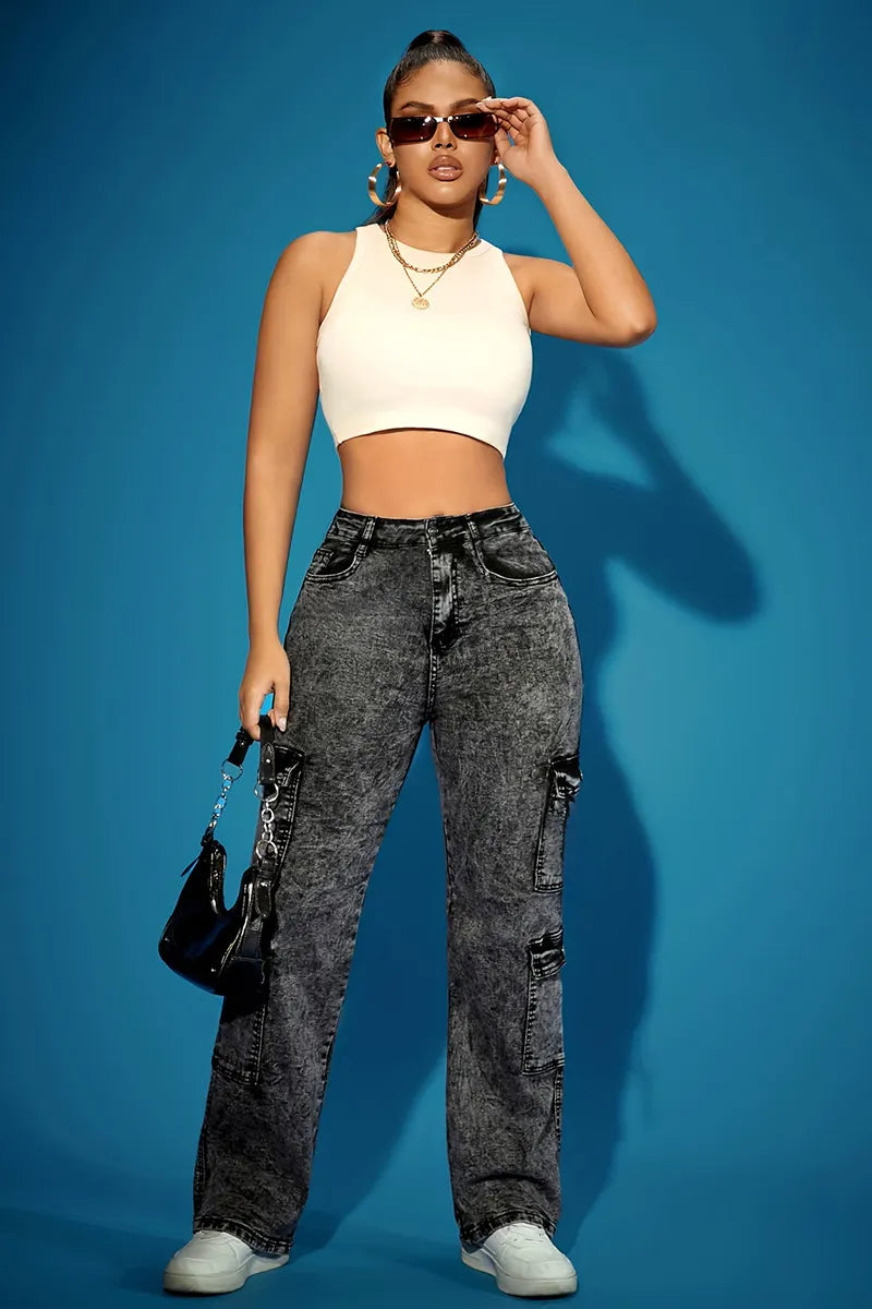 Trendy Oversized Baggy Pocket Detail Jeans