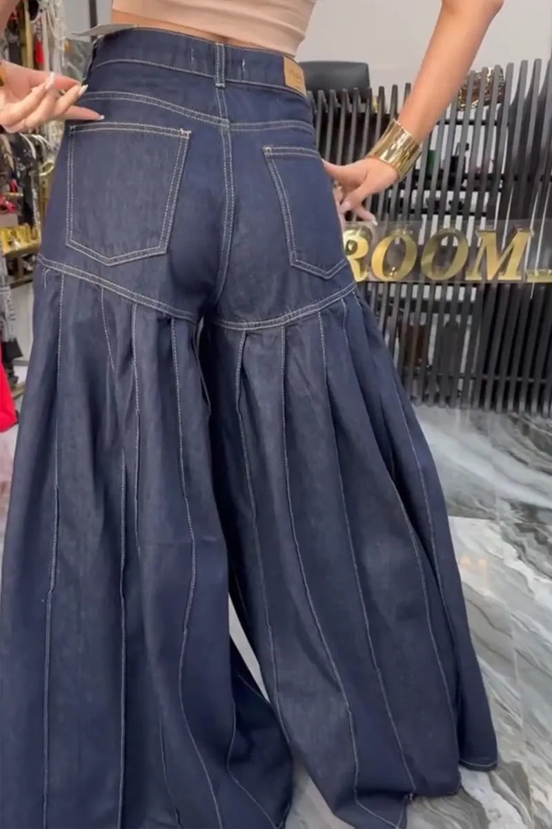 Women's Casual Pleated Loose Wide Leg Jeans