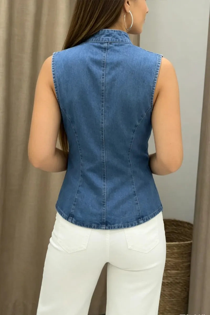 Women Light Wash Mandarin Collar Diagonal Four Button Slim Fit Sleeveless Denim Vest