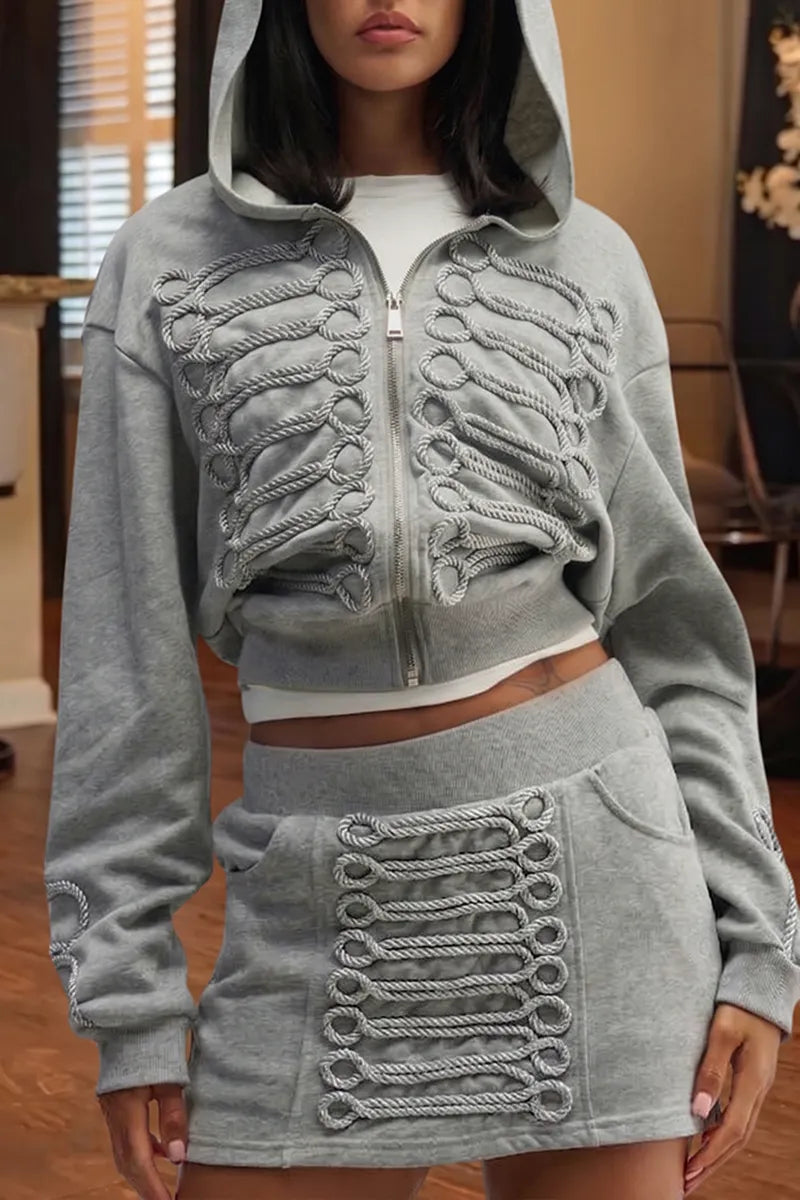 Women's Casual Woven Decoration Hoodie or Mini Skirt
