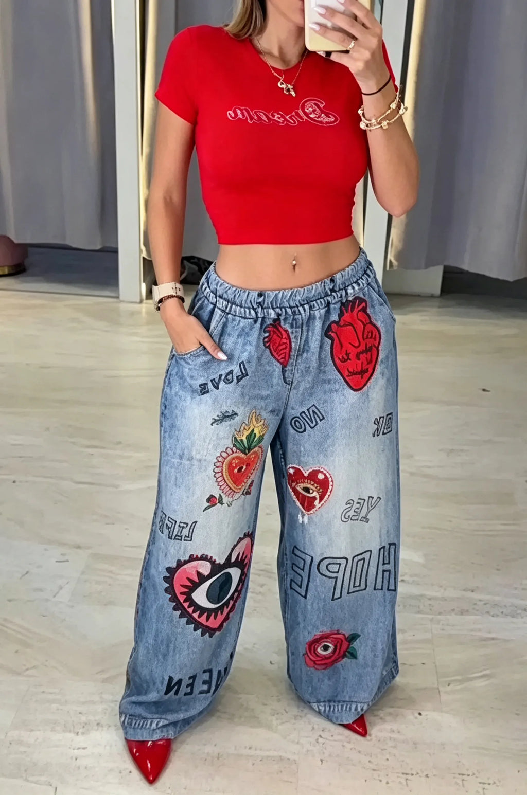 Women's Casual Faux Denim Pattern Print Wide Leg Pants