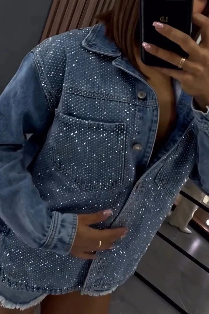 Casual Lapel Hotfix Rhinestone Denim Jacket