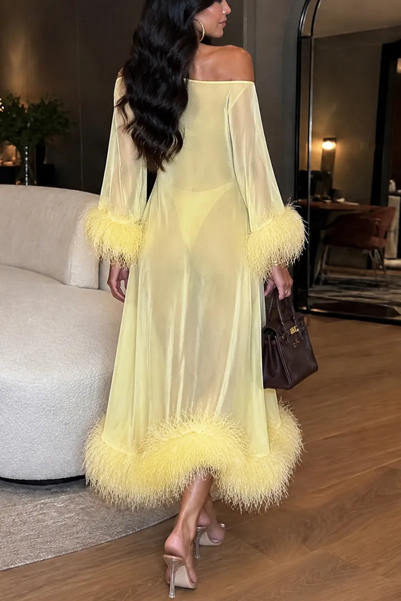Women's Elegant Asymmetrical Feather Trim Sheer Mesh Yellow Maxi Dress