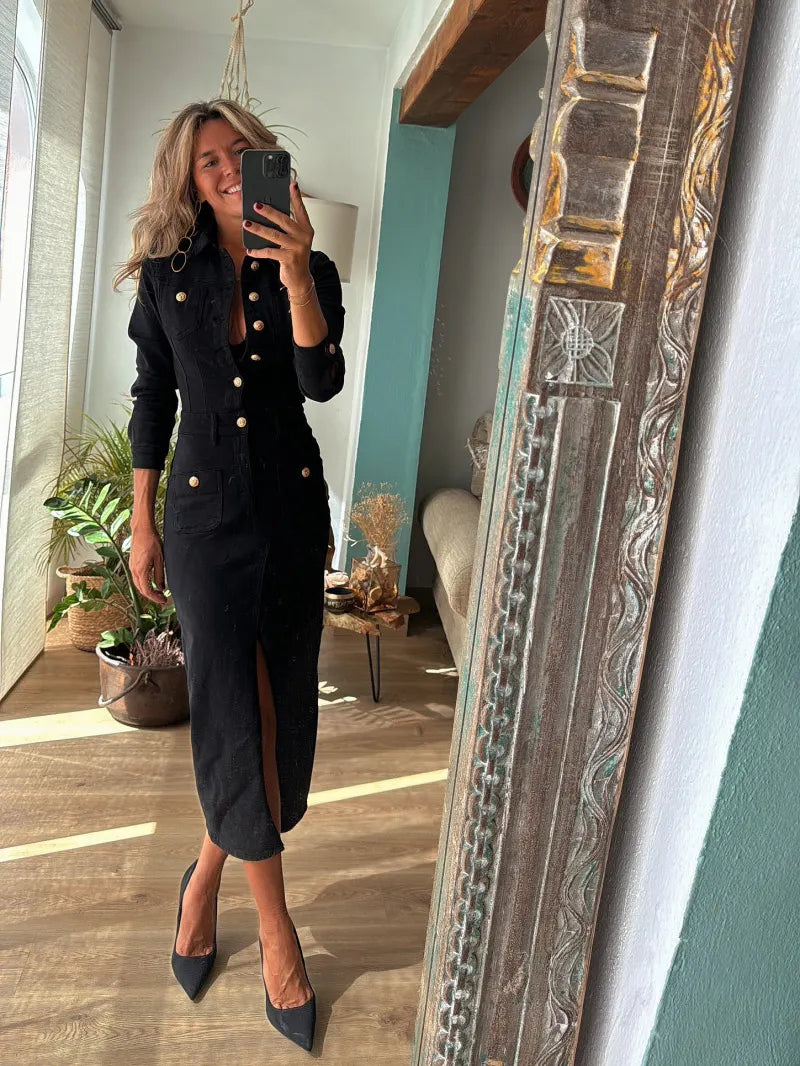 Elegant Slit Hem Long Sleeve Denim Midi Dress