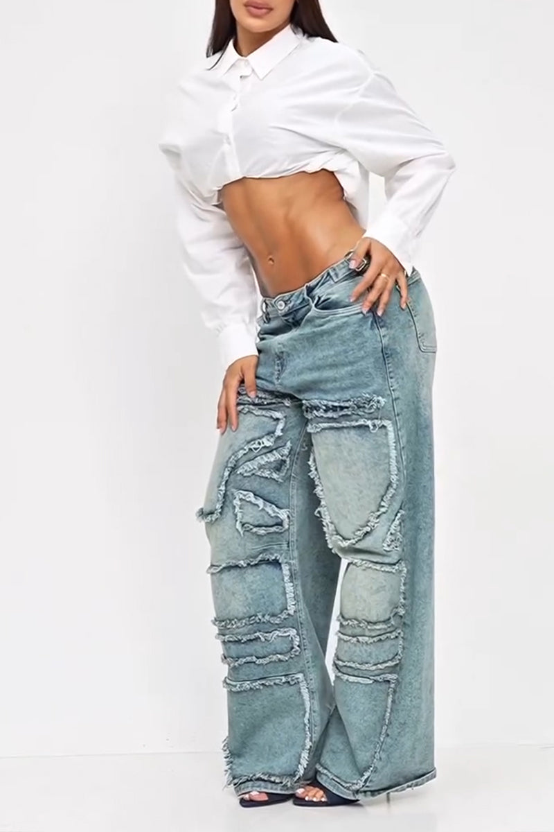 Women's Casual Patchwork Washed Raw Hem Trim Wide Leg Jeans