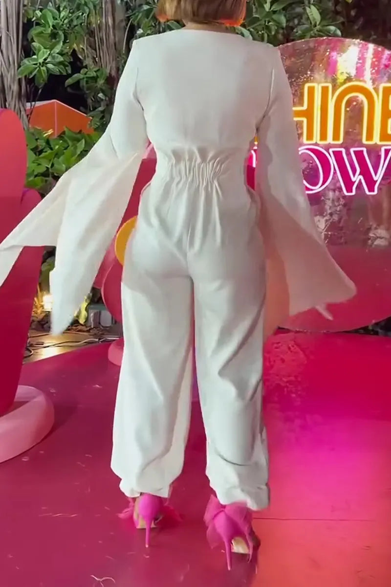 Women's Elegant V-Neck Flowing Long Sleeve Jumpsuit