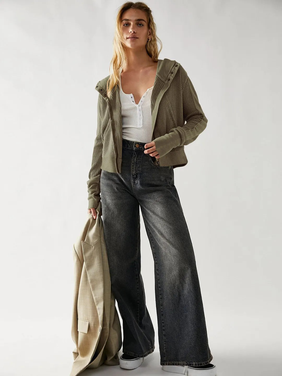 Casual Textured Knit Hoodie Sweatshirt Jacket