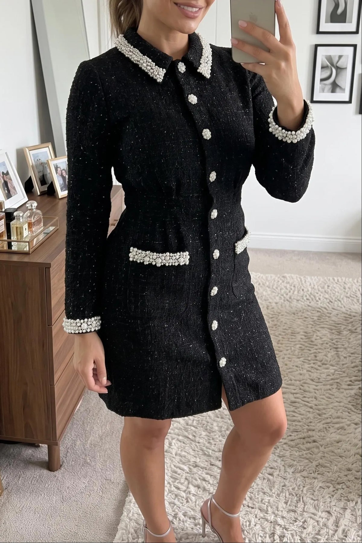 Women's Elegant Tweed Mini Dress Long Sleeve Pearl Beaded Trim Button Down Slim Fit Collared Shirt Dress with Pockets
