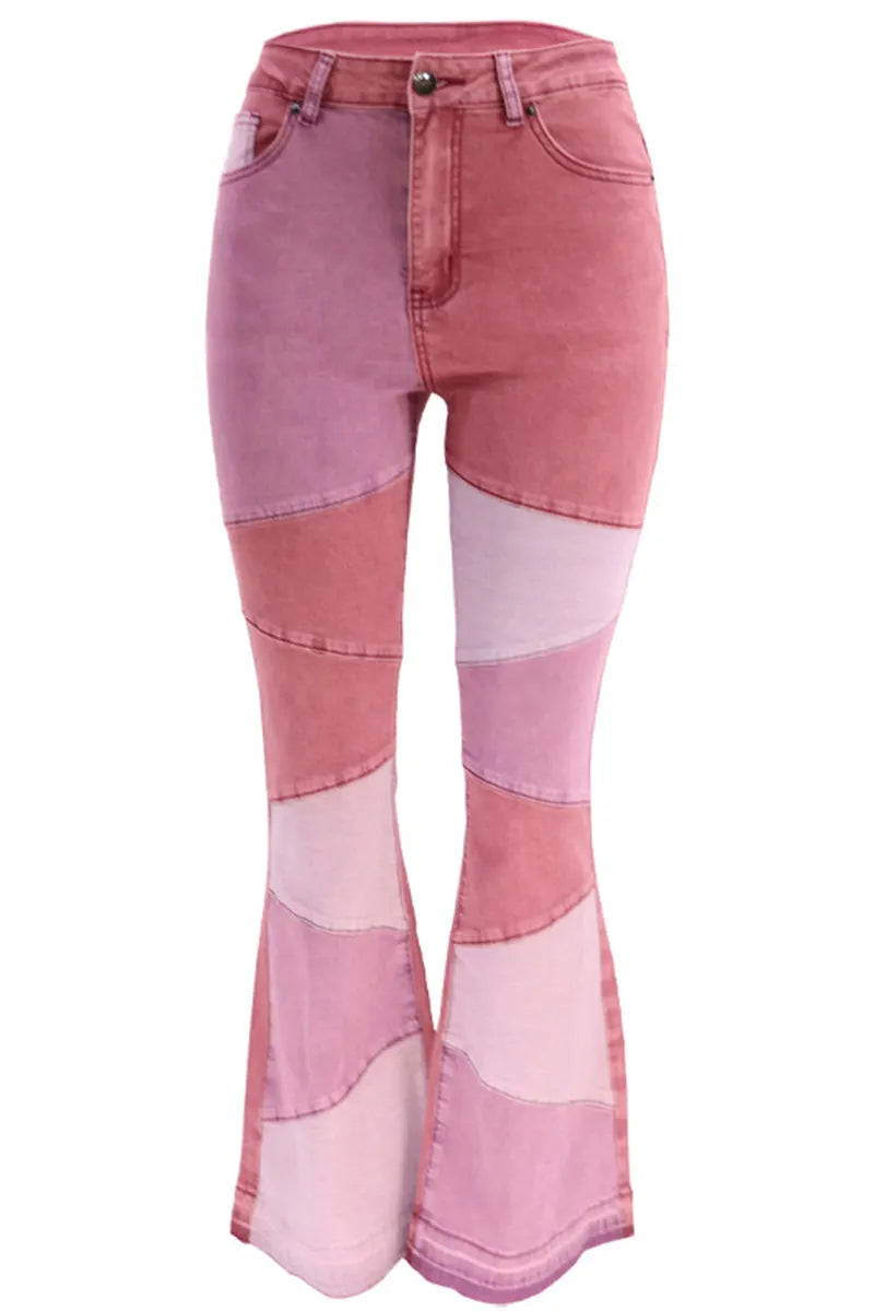 Fashion Color Block Stretch Flare Jeans