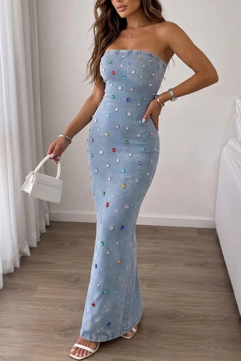 Women's Casual Fashion Rhinestone Decoration Strapless Denim Dress