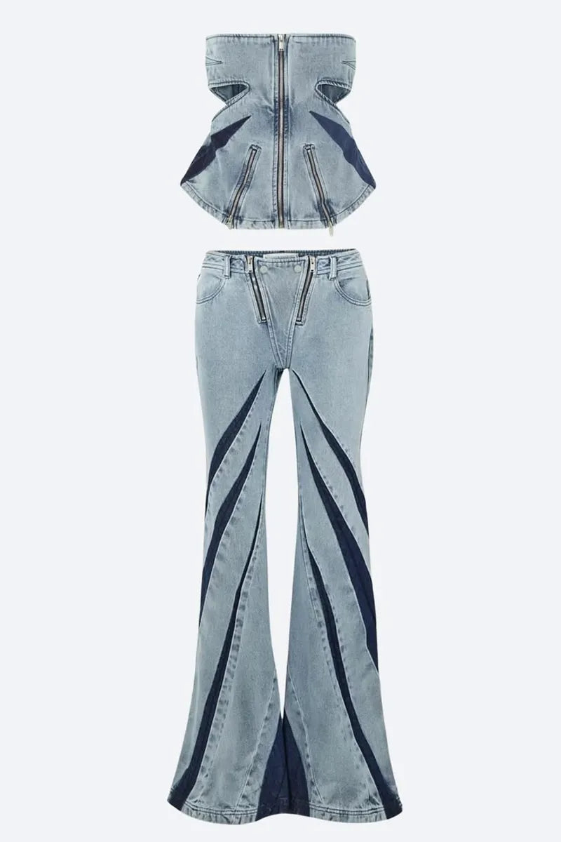 Women'sLight Wash Strapless Side Cutout Full Front Zip Denim Tube Top Or High Waist Contrast Dark Denim Diagonal Panel Flare Jeans