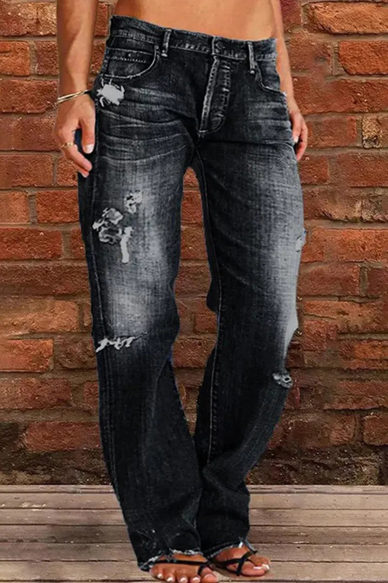 Casual High Rise Raw Trim Hem Ripped Jeans