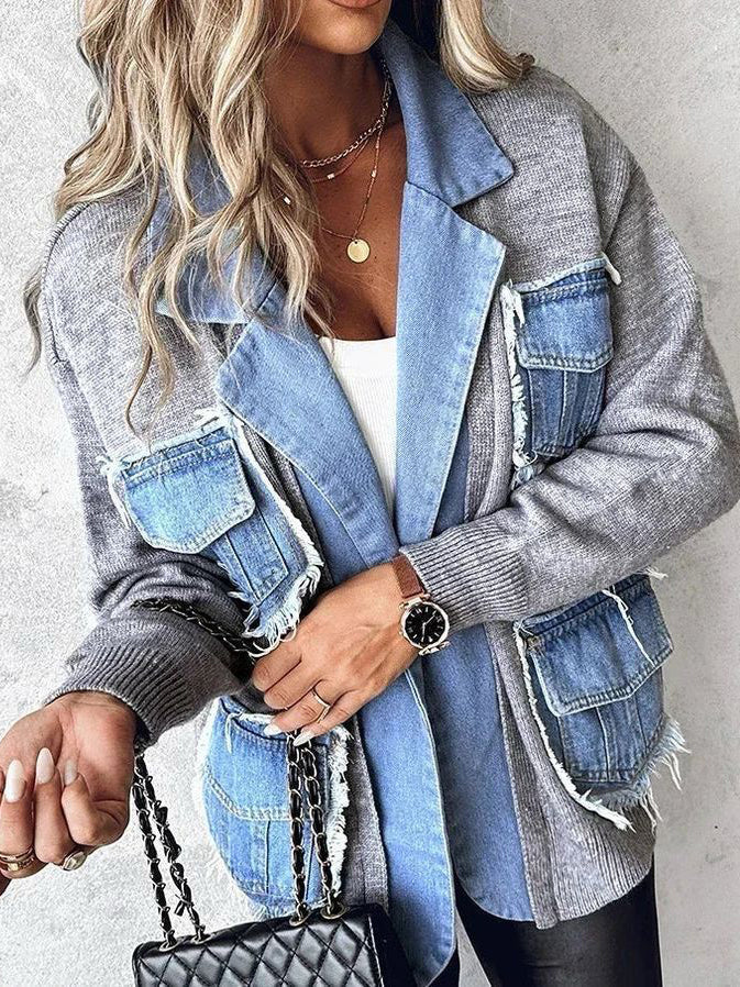 Casual Unique Denim Panel Knit Sweater Jacket