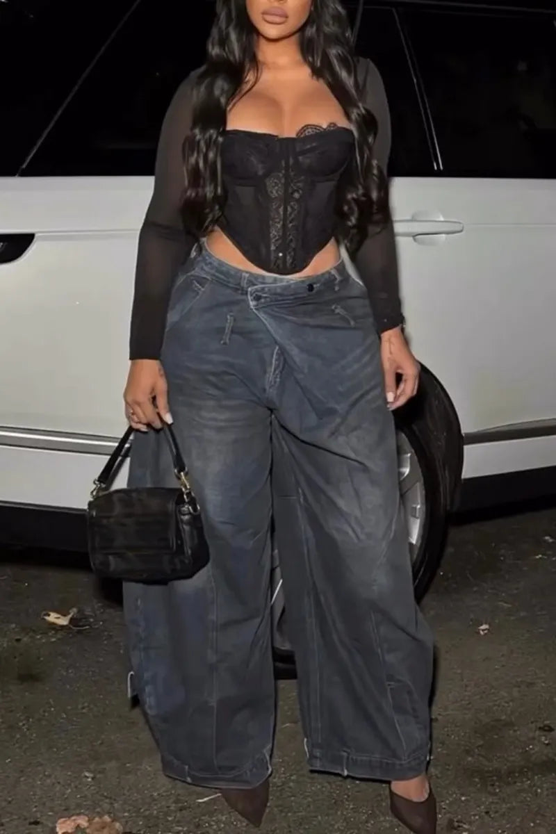 Women's Fashion Asymmetric Waistband Wide Leg Jeans