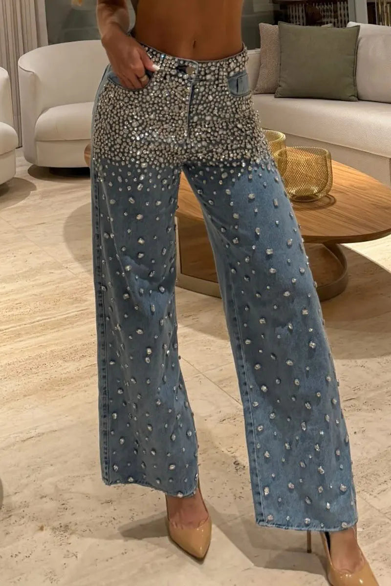 women's Sheer Mesh All Over Rhinestone Sleeveless Halter Neck Crop Top Or High Waist Gradient Rhinestone Embellished Wide Leg Denim Jeans