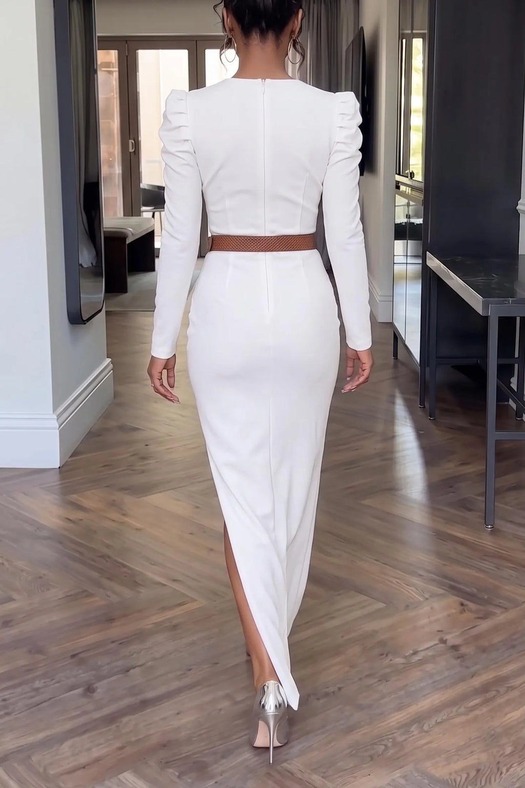Women's Elegant Long Sleeve Bodycon Maxi Dress Asymmetric Cutout High Slit Cocktail Pencil Gown with Belt for Formal Party