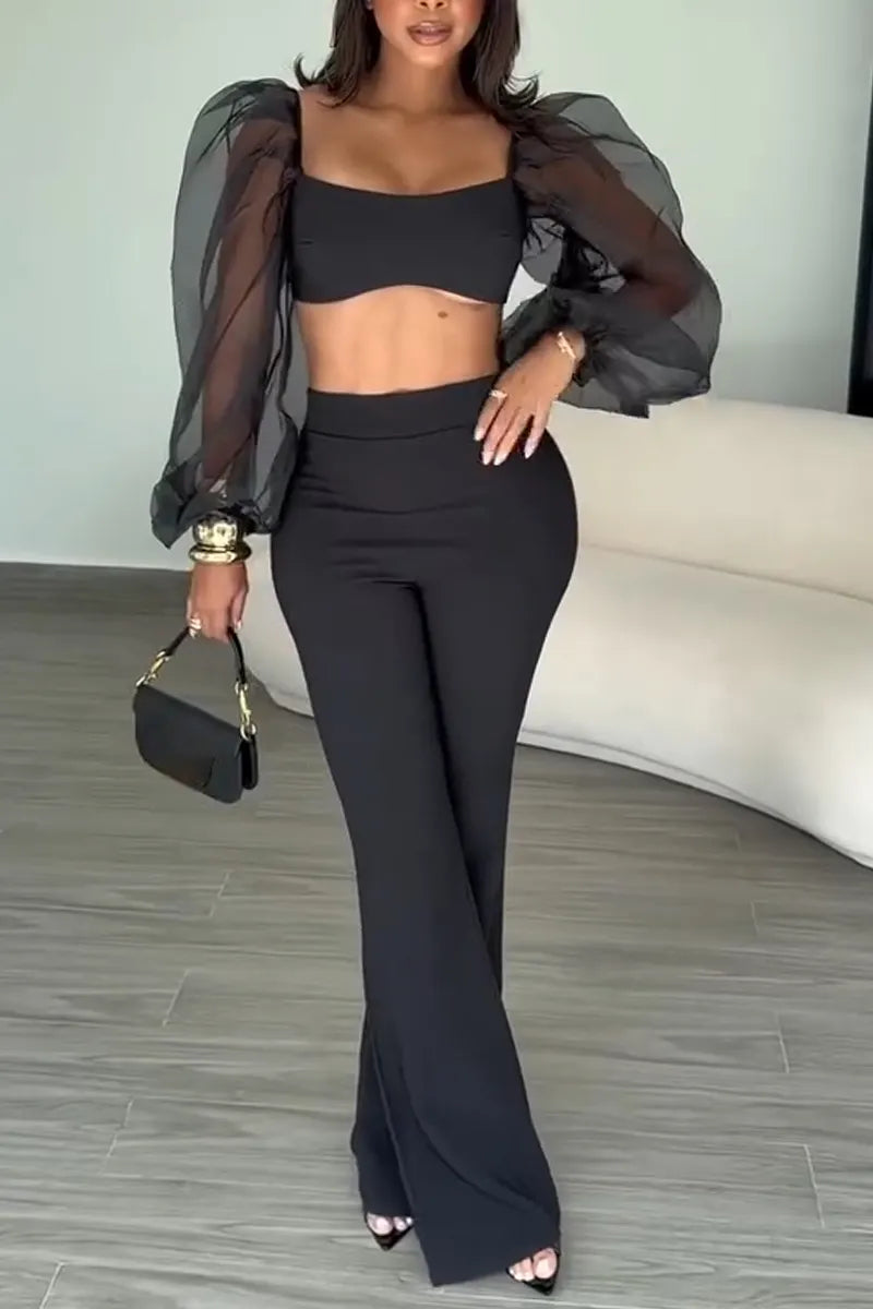Women's Square Neck Short Patchwork Perspective Bubble Sleeve Top+ Pants Elegant Temperament Set