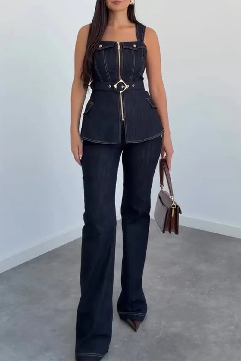 Women's Square Collar Zipper Spliced Denim Top or Jeans