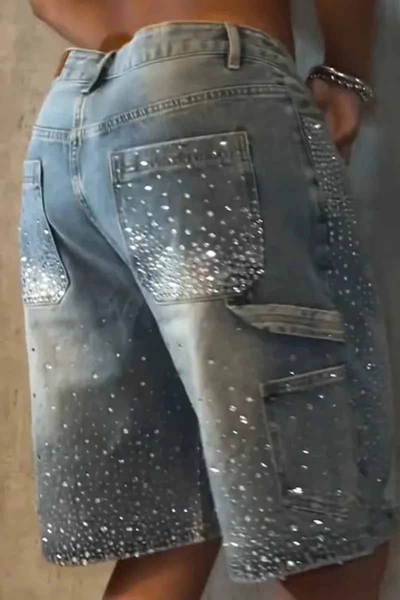 Ladies' Hot Selling Casual Rhinestone Splicing Casual Five Piece Denim Shorts