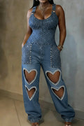 Women's Casual Heart-Shaped Hollow-Out Rhinestone Denim Jumpsuit