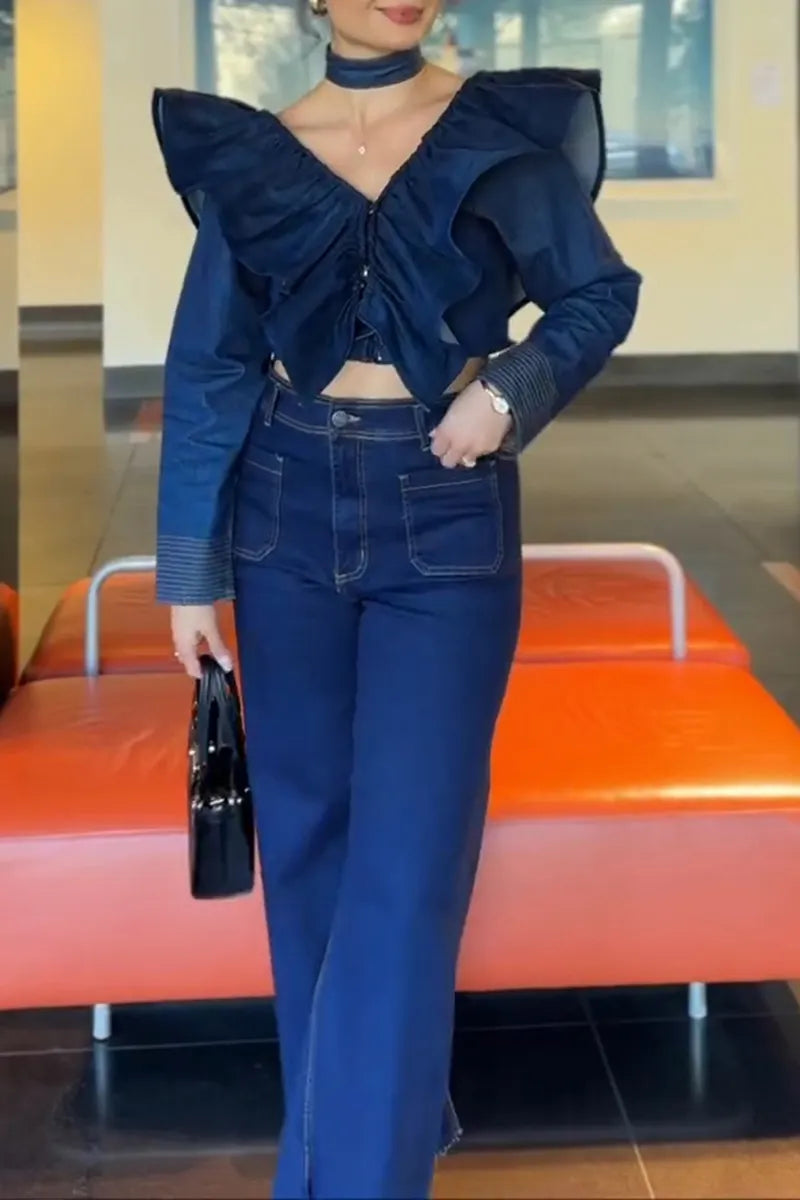 Women's Fashion Oversized Flounce Denim Top or Wide Leg Jeans