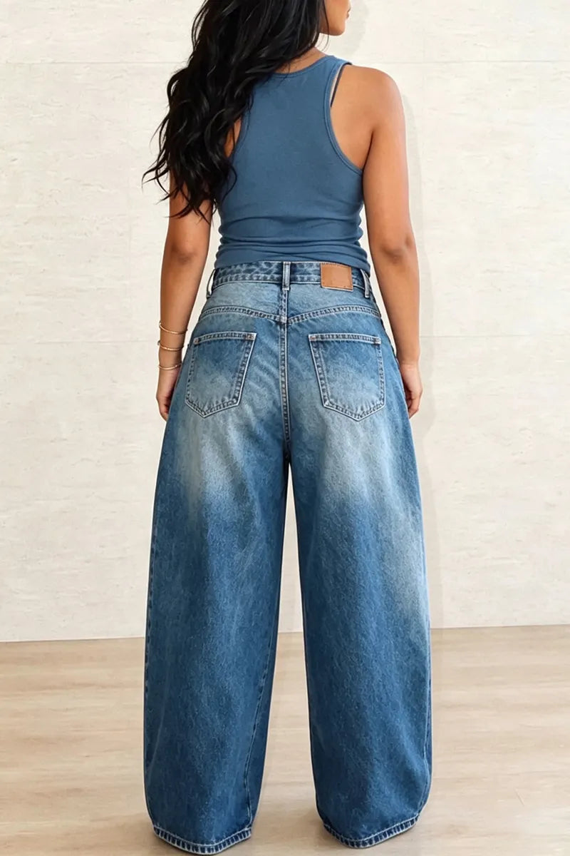 Women's Casual Faux Two-Piece Overlap Wide Leg Jeans
